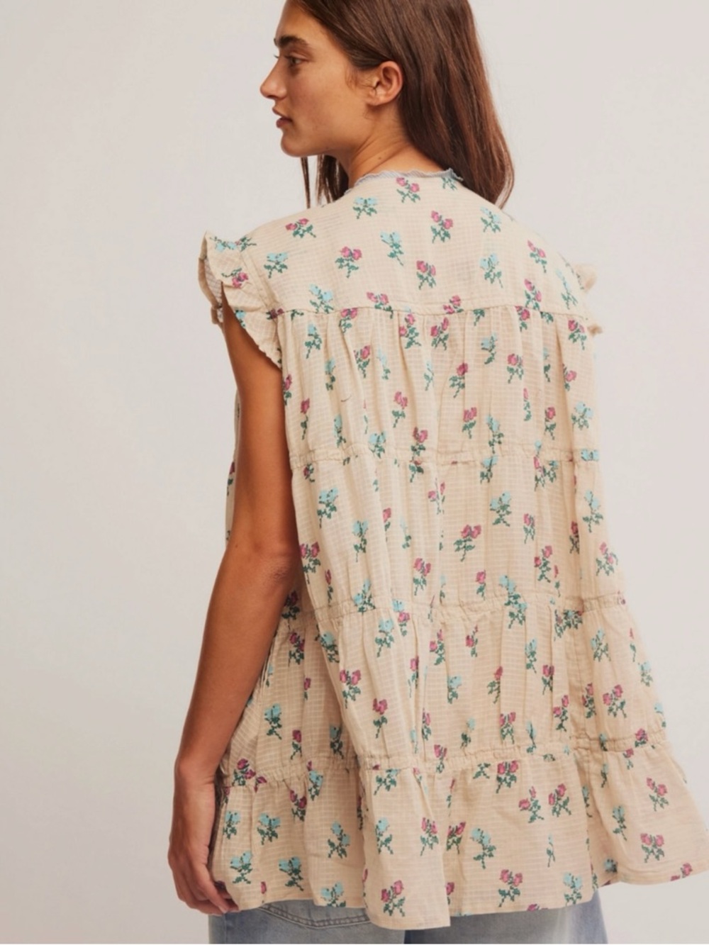 Free People Bohemian Prairie Sundown Mini Dress Tunic Top Ivory Combo Large - Picture 6 of 15